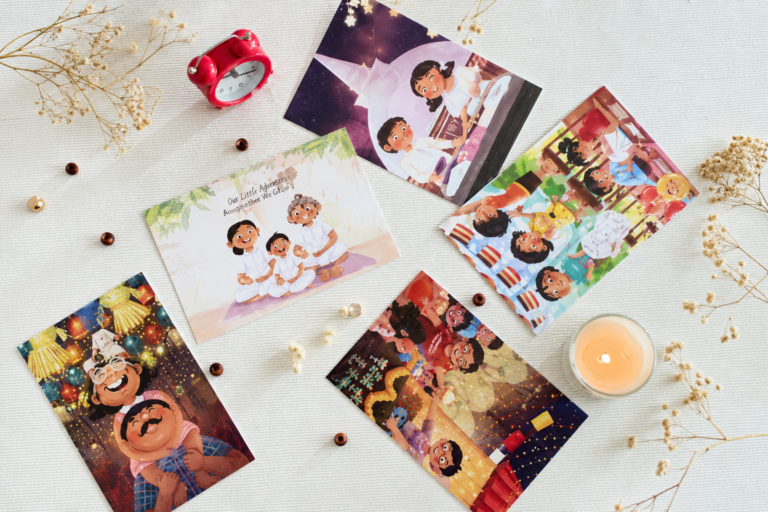 Flat lay of colorful children’s books with cozy decor on a white background